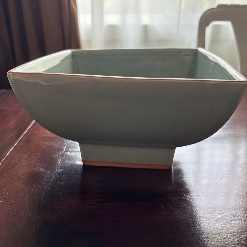 Siam Celadon Square Ceramic Serving Bowl, Floral Design, Footed